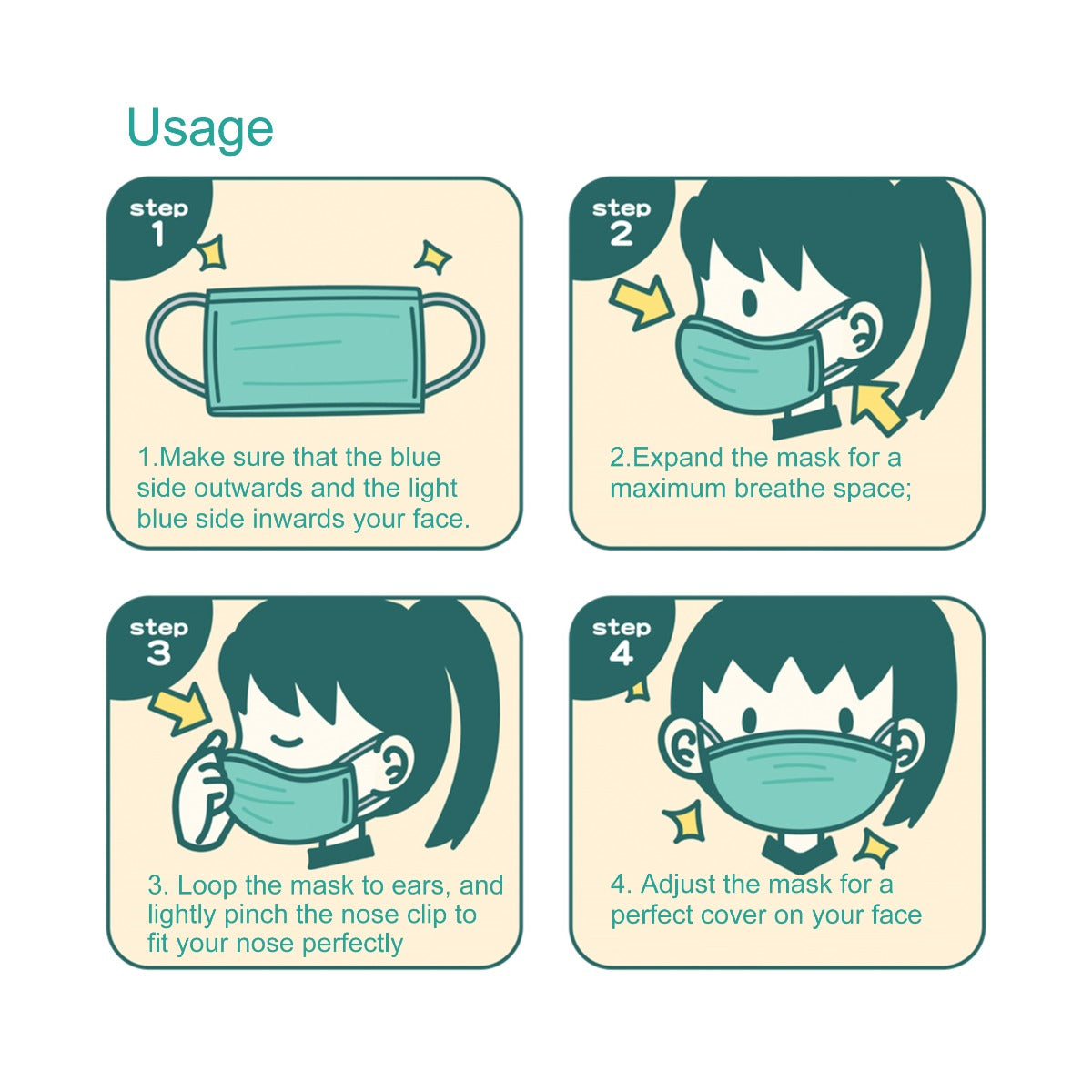 50 片装三层一次性口罩(带弹性耳带)