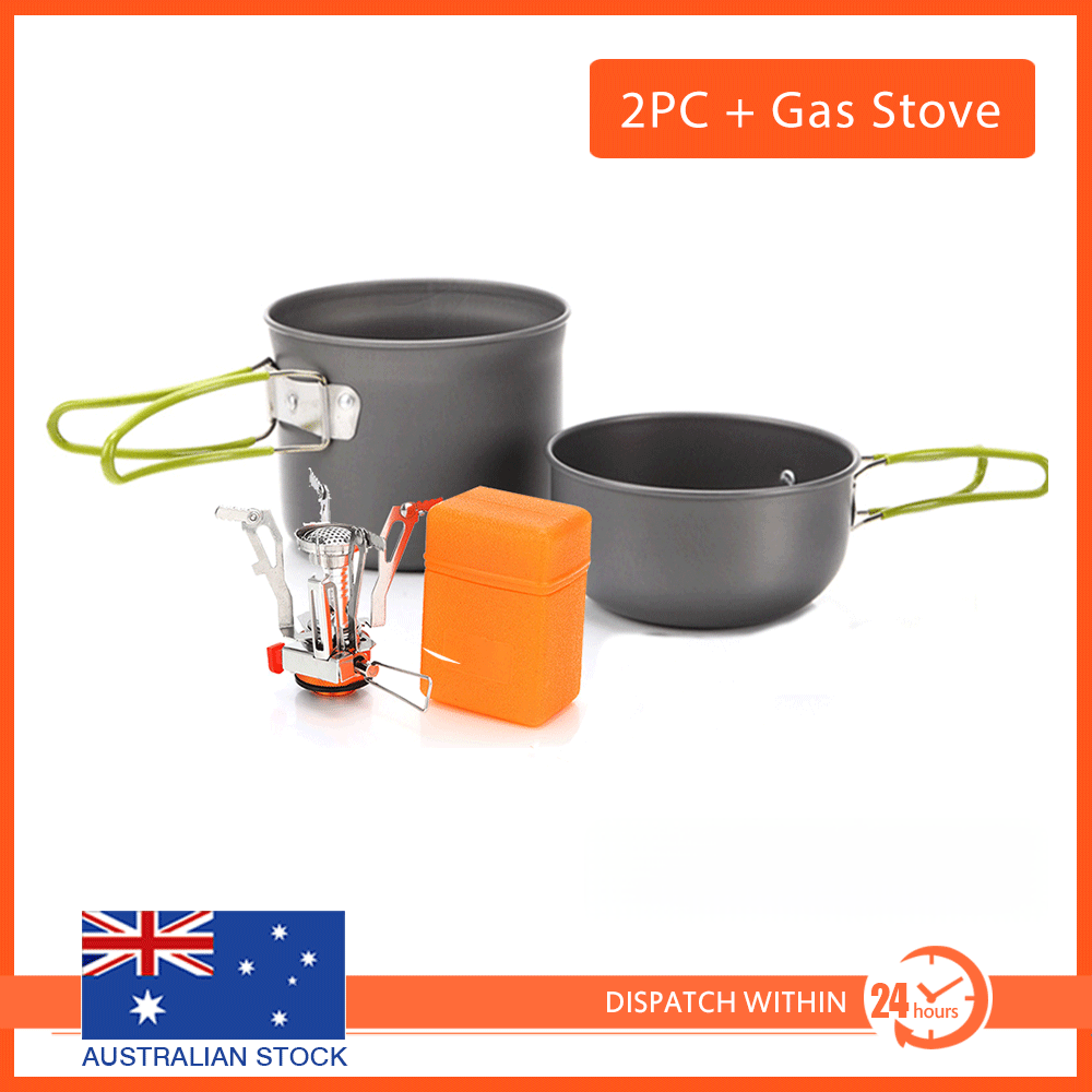 2pcs Outdoor Portable Camping Hiking Cooking Nonstick Pots Pans Set w/ gas stove