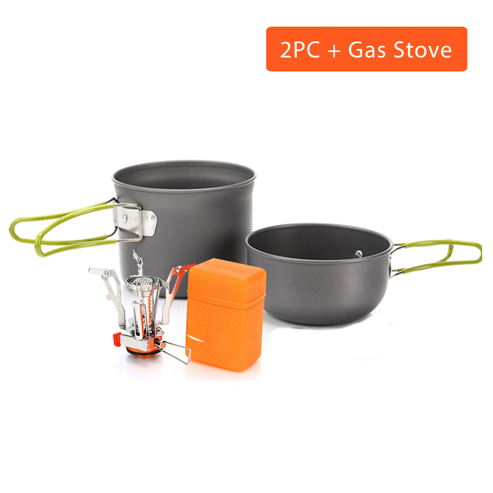 2pcs Outdoor Portable Camping Hiking Cooking Nonstick Pots Pans Set w/ gas stove
