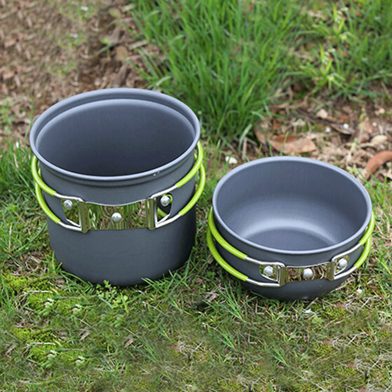 2pcs Outdoor Portable Camping Hiking Cooking Nonstick Pots Pans Set w/ gas stove