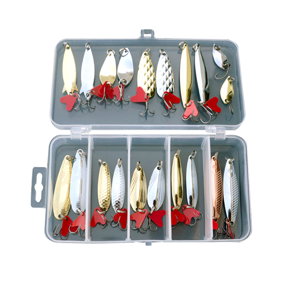 21 Pcs Fishing Lures Set Metal Sequins Spoon Bait Artificial Hard Bait with Fishing Hook Plastic Box Packing