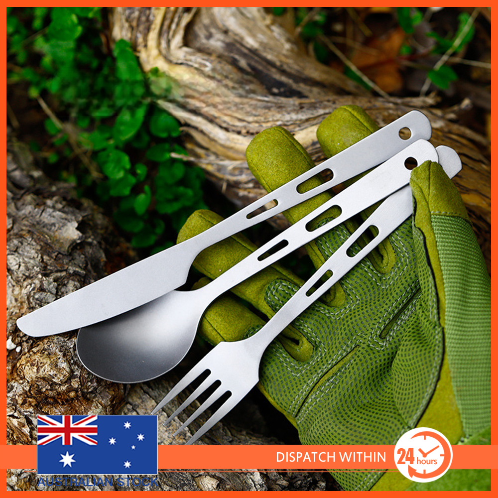 Titanium 3 Piece Knife Fork Spoon Camping Cutlery Set with pouch and hook