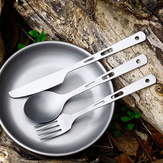 钛合金三件套刀叉勺露营餐具套装,带袋和挂钩