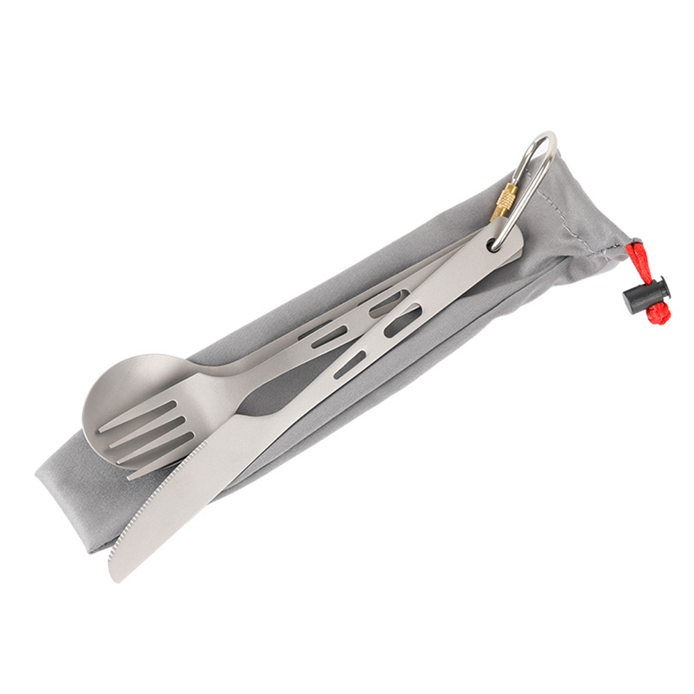 Titanium 3 Piece Knife Fork Spoon Camping Cutlery Set with pouch and hook