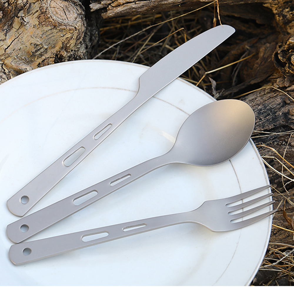 Titanium 3 Piece Knife Fork Spoon Camping Cutlery Set with pouch and hook