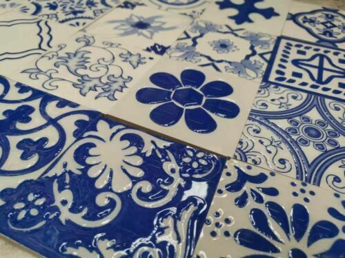 100pcs 3D Blue and White Glossy Tiles for Bathroom Kitchen Dining Area