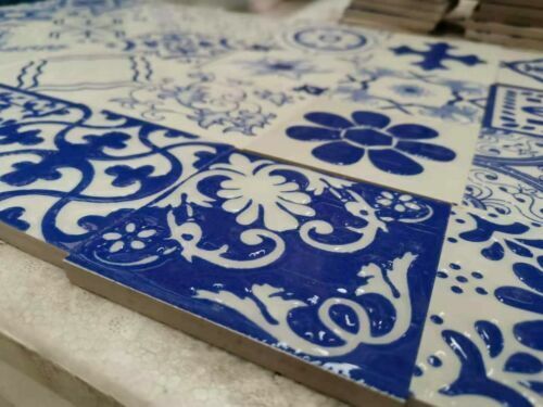 100pcs 3D Blue and White Glossy Tiles for Bathroom Kitchen Dining Area