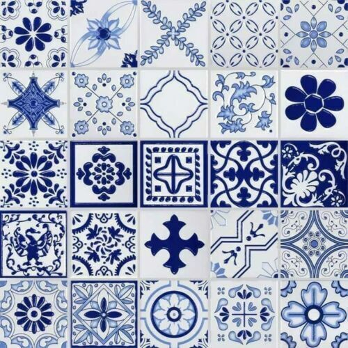 100pcs 3D Blue and White Glossy Tiles for Bathroom Kitchen Dining Area