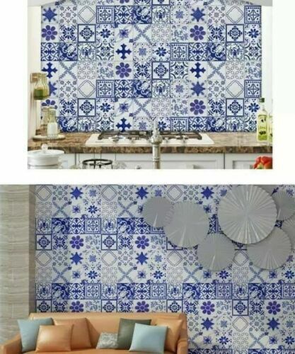 100pcs 3D Blue and White Glossy Tiles for Bathroom Kitchen Dining Area