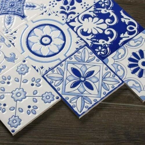 100pcs 3D Blue and White Glossy Tiles for Bathroom Kitchen Dining Area