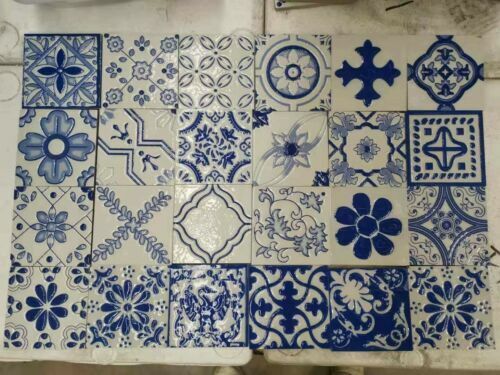 100pcs 3D Blue and White Glossy Tiles for Bathroom Kitchen Dining Area