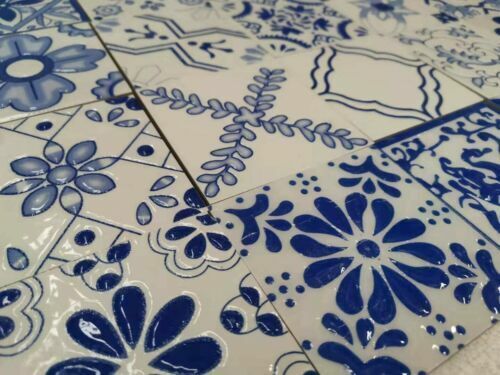 100pcs 3D Blue and White Glossy Tiles for Bathroom Kitchen Dining Area