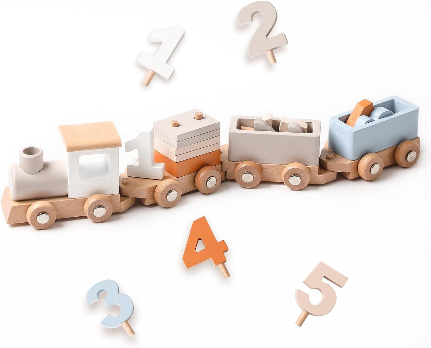 Wooden Montessori Train with Stacking Blocks and Numbers for Toddlers
