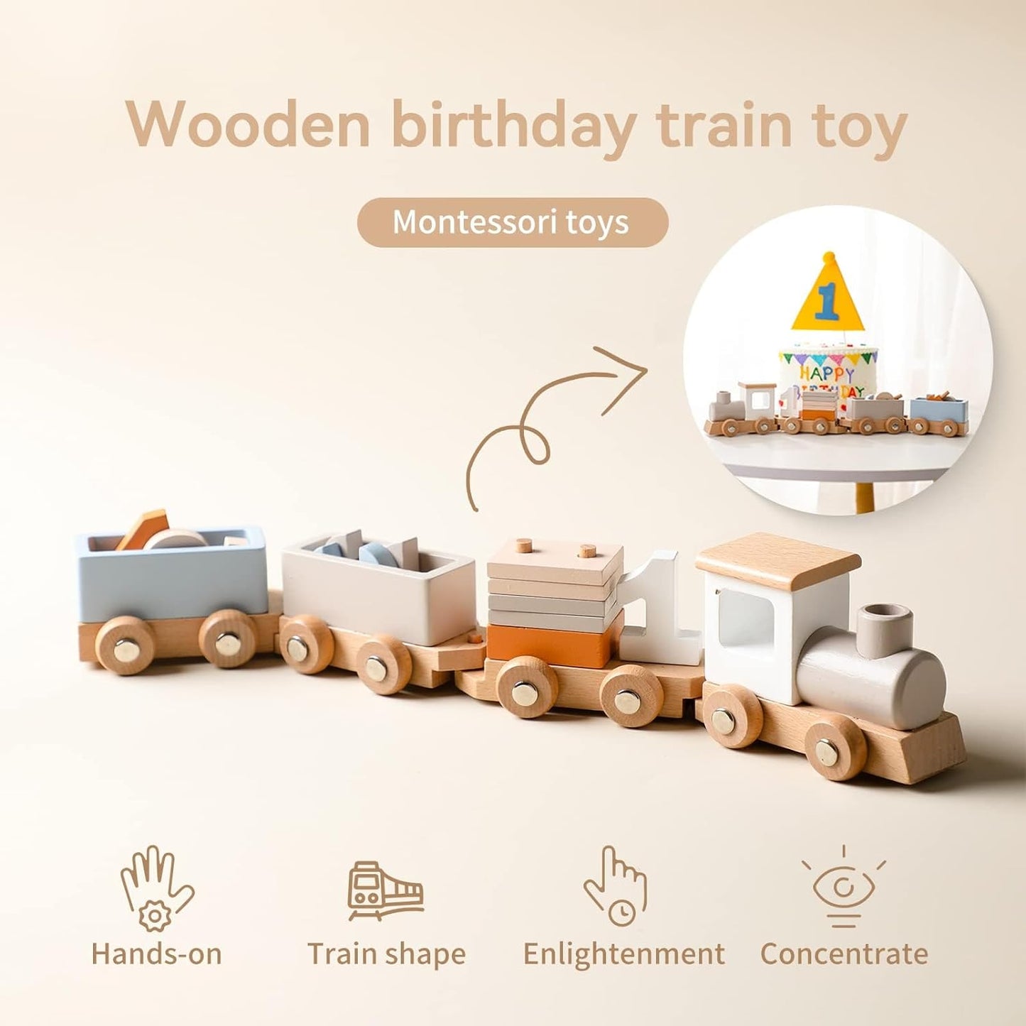Wooden Montessori Train with Stacking Blocks and Numbers for Toddlers