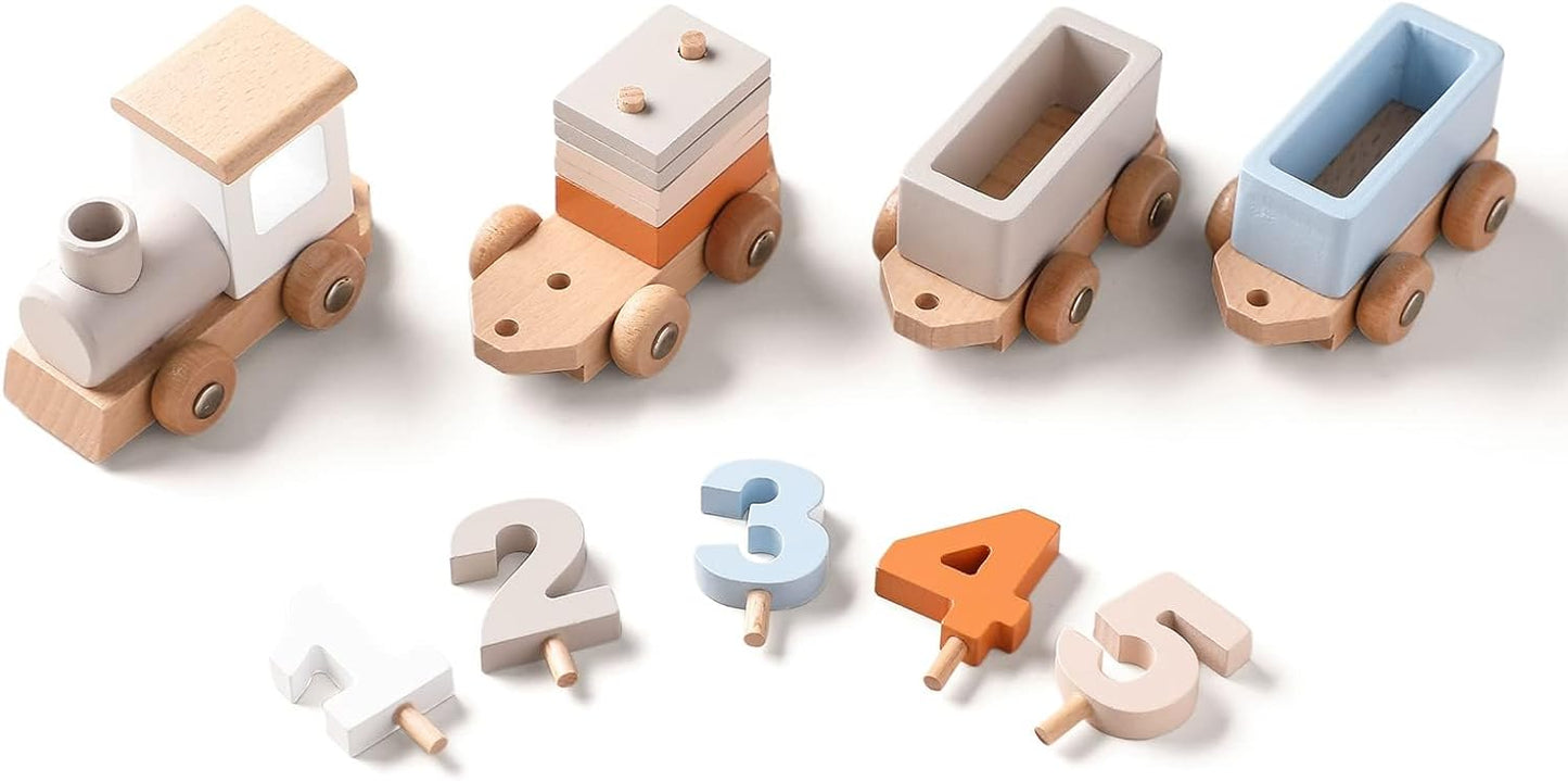 Wooden Montessori Train with Stacking Blocks and Numbers for Toddlers
