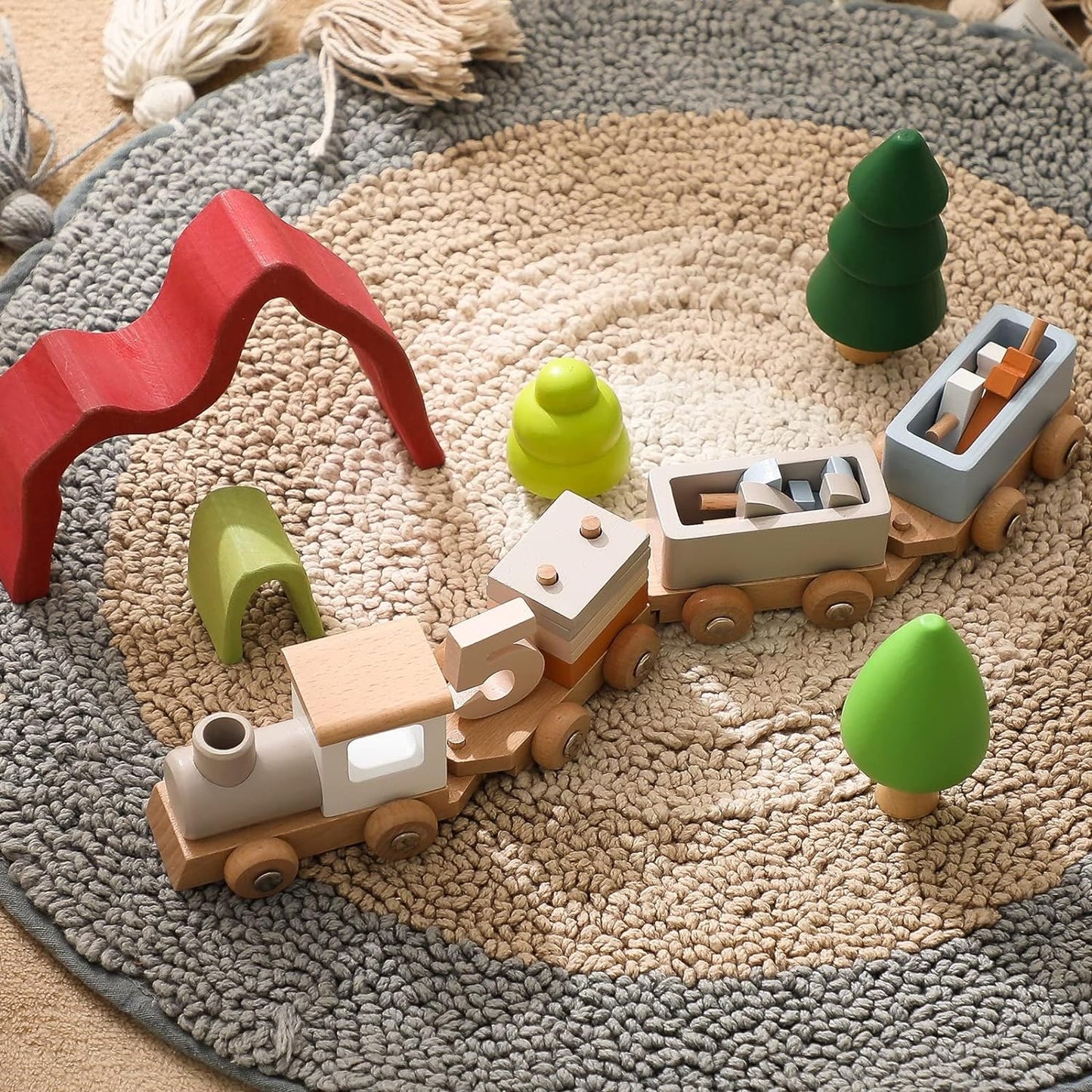 Wooden Montessori Train with Stacking Blocks and Numbers for Toddlers