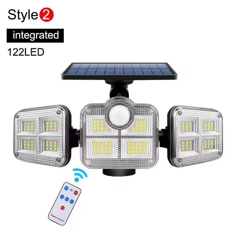 Solar Motion Sensor Light 122 LED 4-Head 3000LM Outdoor Flood Security
