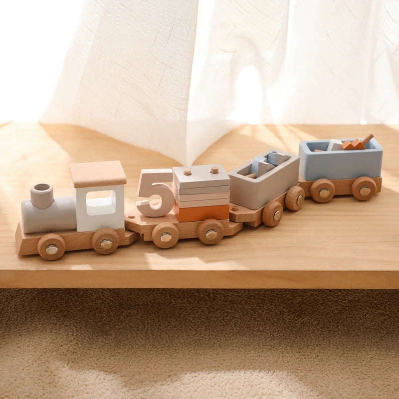Wooden Train Set Montessori Educational Toy Numbers Learning Trolley