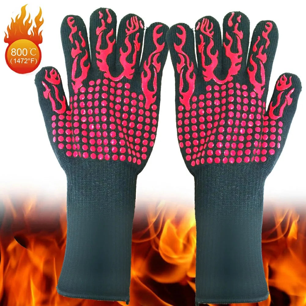 BBQ Gloves Heat Resistant to 800°C Aramid Oven Mitts Silicone Grip