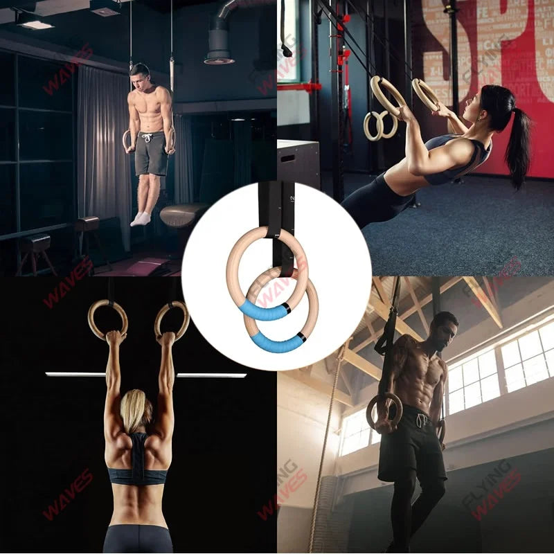 Wooden Gymnastics Rings 28mm 32mm Adjustable Straps Home Gym Fitness