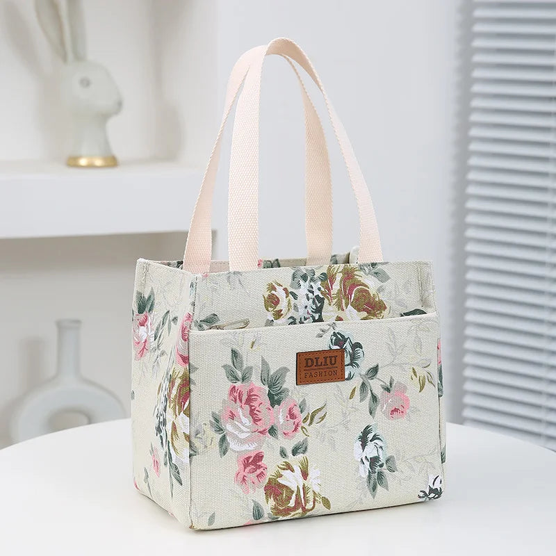 Insulated Lunch Bag Floral Print Large Capacity Thermal Cooler Picnic
