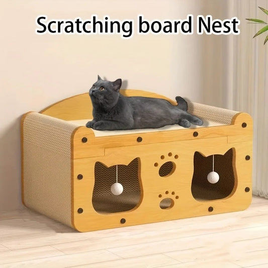 Durable Cat Scratch Sofa with Cardboard Nest, Scratch Column & Toys - Indoor Use