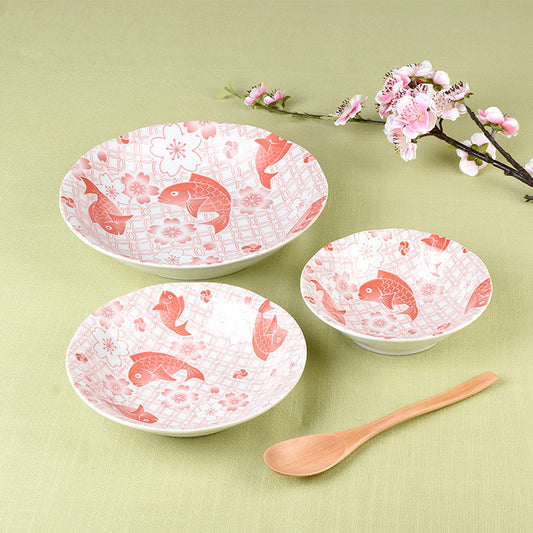 3 Piece Ceramic Snapper Print Dinner Bowl Plate Set Dining Home Dinnerware Japan