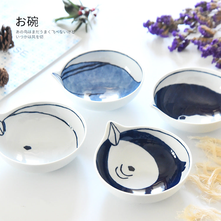 4 件陶瓷 13 厘米鸟形图案晚餐碗套装餐厅家居餐具日本