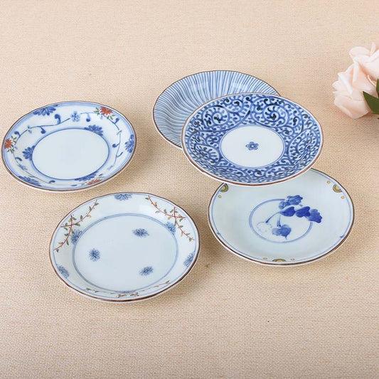 5 件陶瓷 12 厘米釉下蓝色酱汁盘餐具套装日本餐具