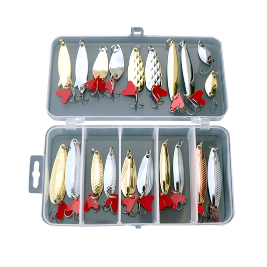 21 件鱼饵套装金属亮片匙形鱼饵人造硬饵带鱼钩塑料盒包装