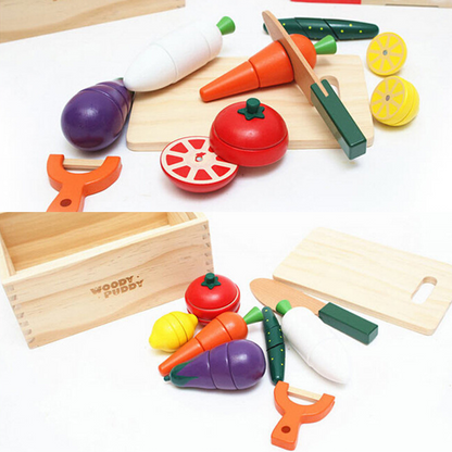 Wooden Cutting Fruit & Vegetable Pretend Play Set | Montessori Kitchen Toy