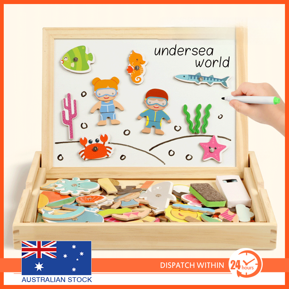Wooden Magnetic Drawing Board Puzzle 100+ Cards Educational Toy Kids 3+