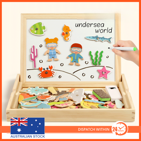 Wooden Magnetic Drawing Board Puzzle 100+ Cards Educational Toy Kids 3+