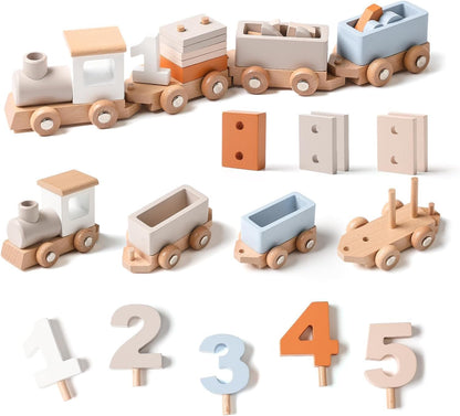 Wooden Montessori Train with Stacking Blocks and Numbers for Toddlers