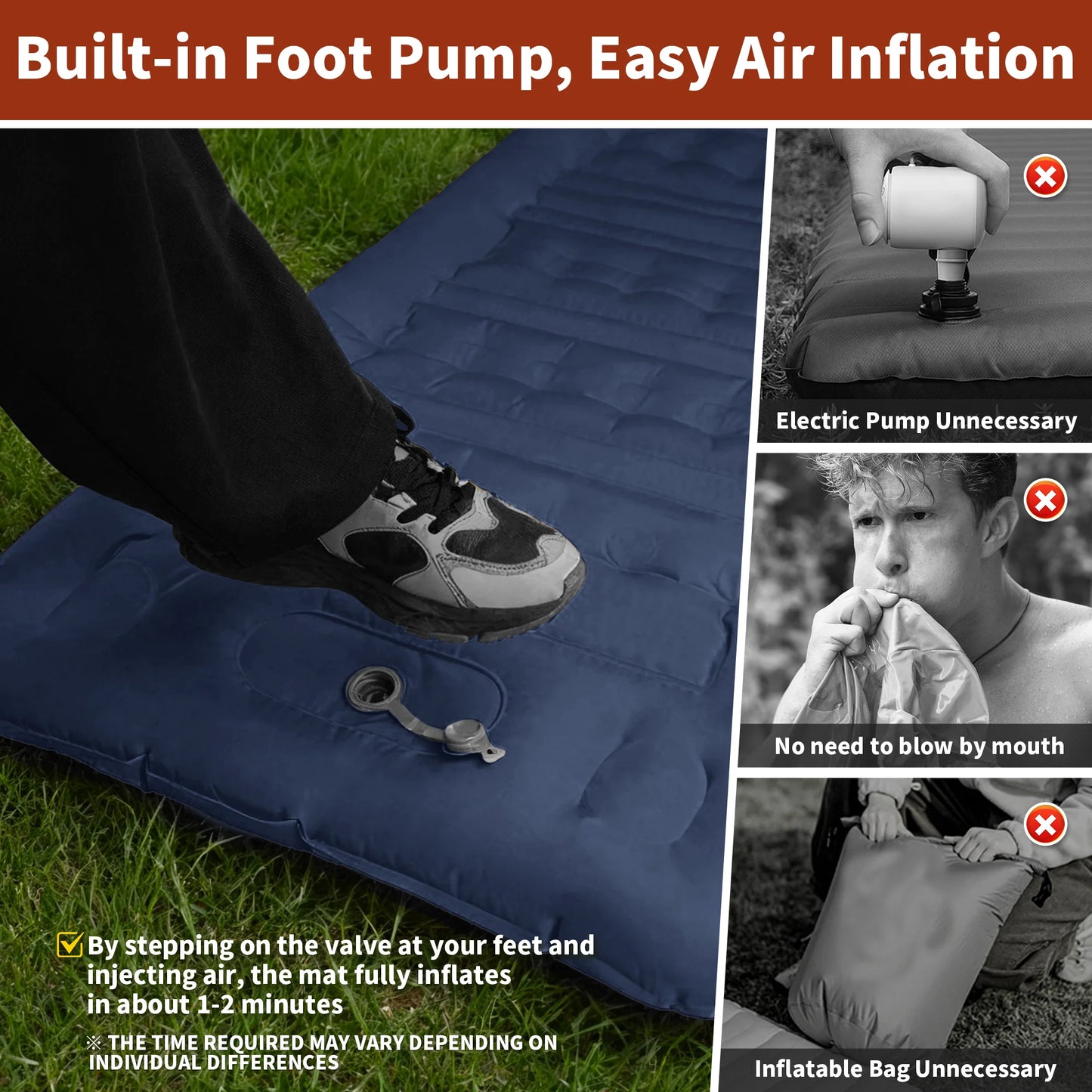 Self-Inflating Camping Mattress 12cm Thick 197x70cm Sleeping Pad with Built-In Pillow