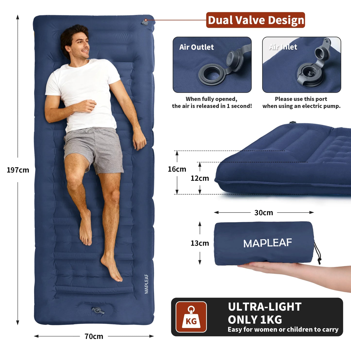 Self-Inflating Camping Mattress 12cm Thick 197x70cm Sleeping Pad with Built-In Pillow