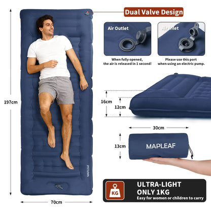 Self-Inflating Camping Mattress 12cm Thick 197x70cm Sleeping Pad with Built-In Pillow