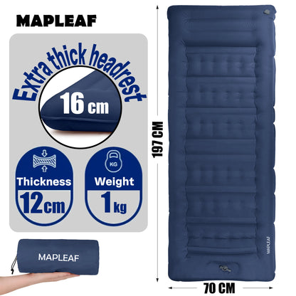 Self-Inflating Camping Mattress 12cm Thick 197x70cm Sleeping Pad with Built-In Pillow