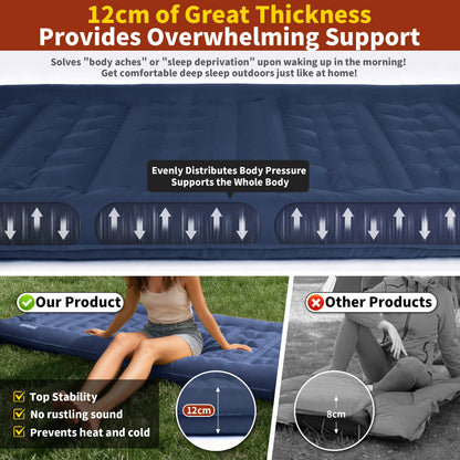 Self-Inflating Camping Mattress 12cm Thick 197x70cm Sleeping Pad with Built-In Pillow