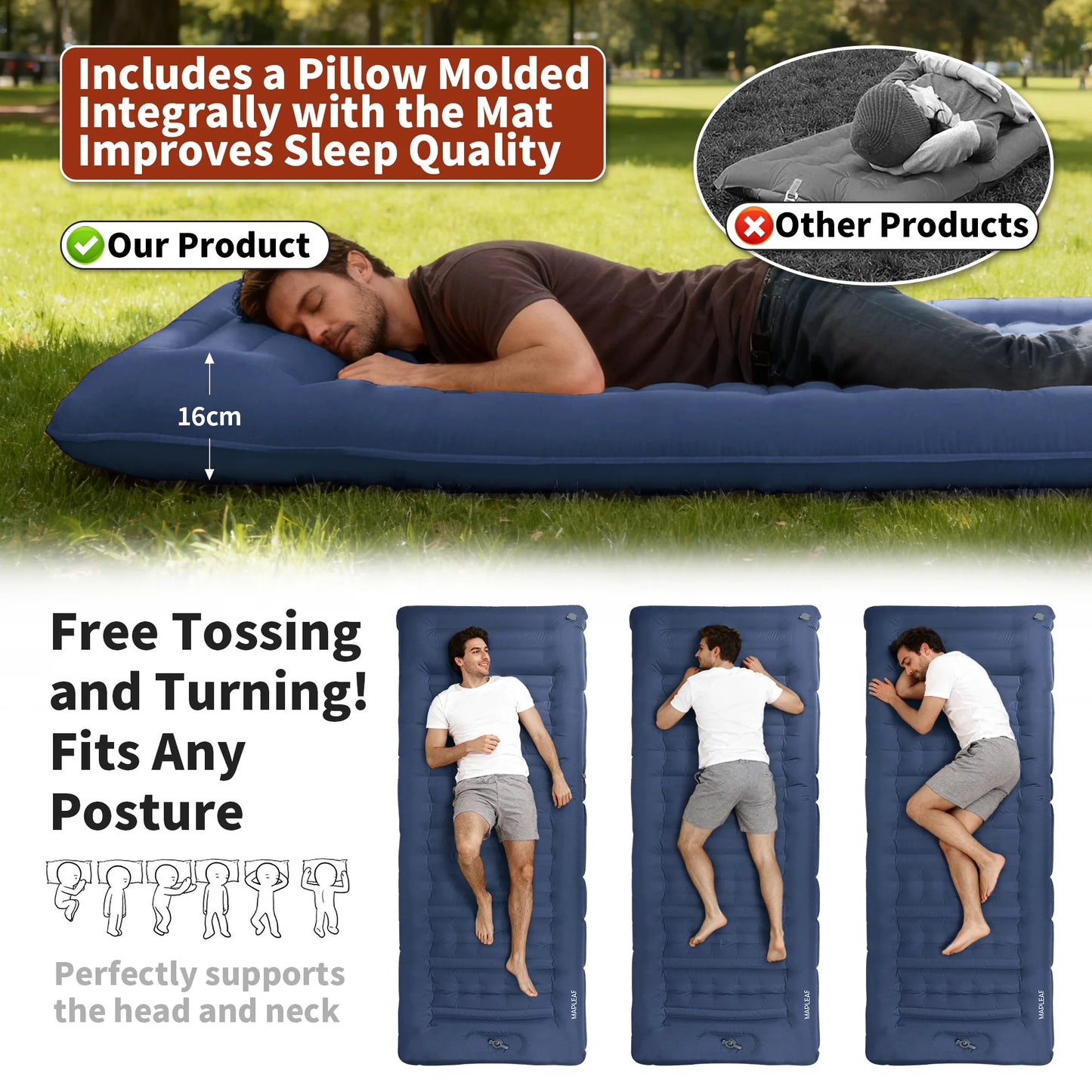 Self-Inflating Camping Mattress 12cm Thick 197x70cm Sleeping Pad with Built-In Pillow