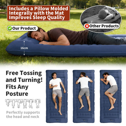 Self-Inflating Camping Mattress 12cm Thick 197x70cm Sleeping Pad with Built-In Pillow