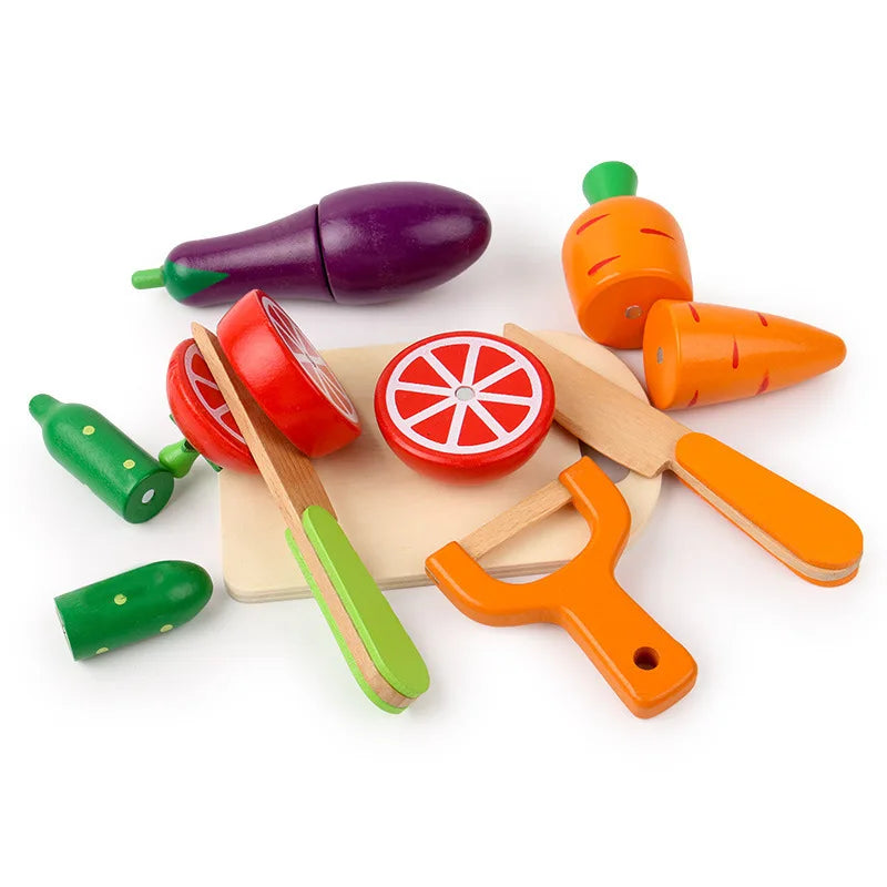 Wooden Cutting Fruit & Vegetable Pretend Play Set | Montessori Kitchen Toy