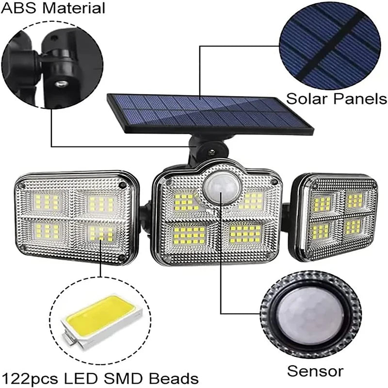 Solar Motion Sensor Light 122 LED 4-Head 3000LM Outdoor Flood Security