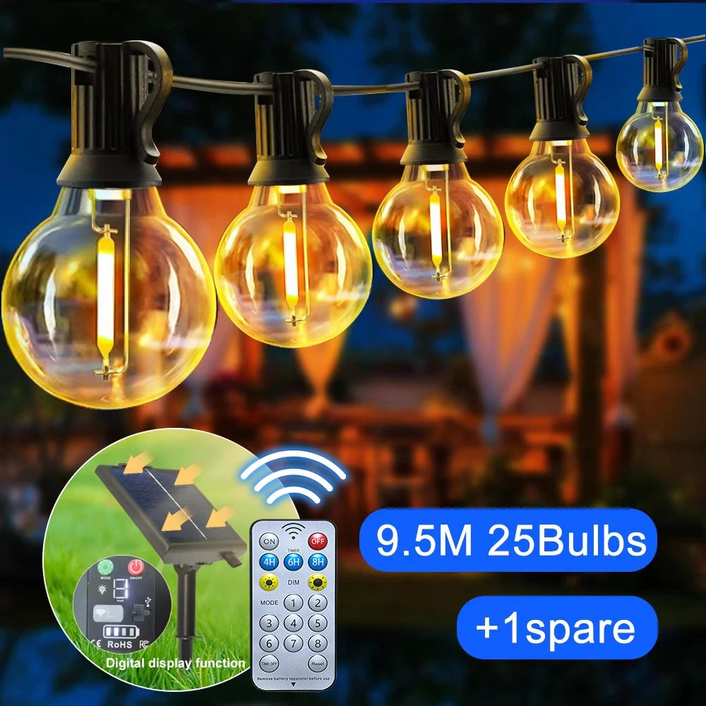 Solar String Lights Outdoor 10m G40 Globe LED Remote Waterproof Garden