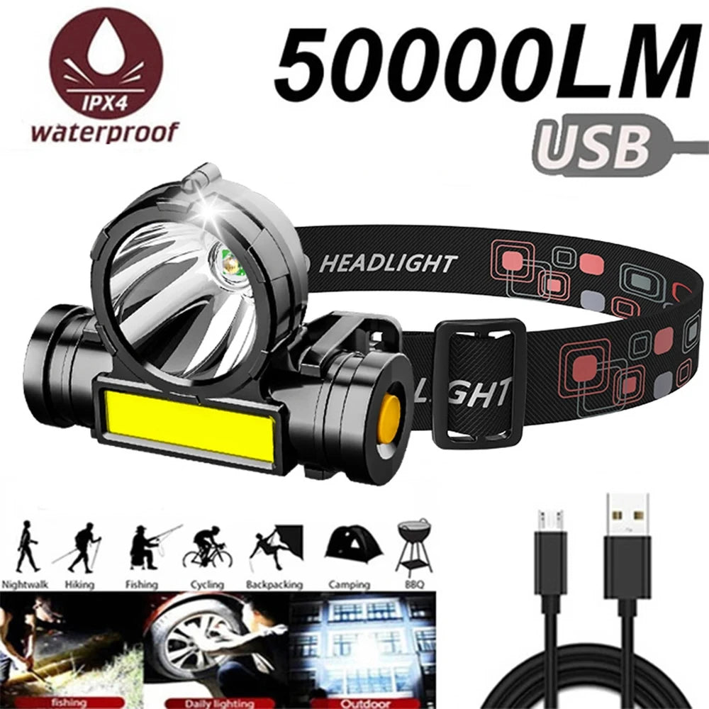 LED Headlamp Rechargeable USB Torch 500m Beam Waterproof Camping Light
