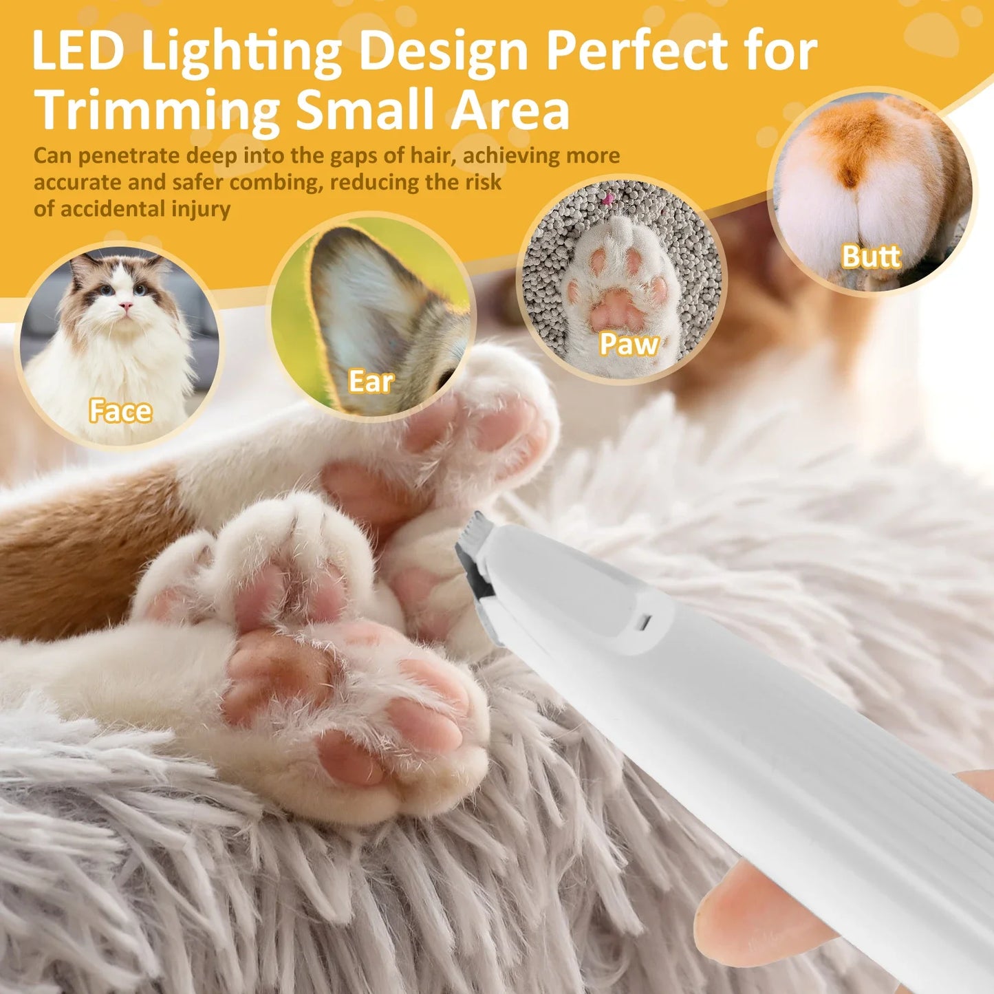 Pet Paw Trimmer LED Light Low Noise Cordless Dog Cat Hair Clipper Grooming