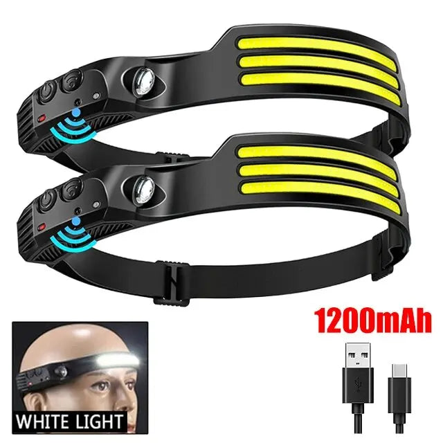 COB LED Headlamp Rechargeable Motion Sensor 230° Wide Beam Torch Light