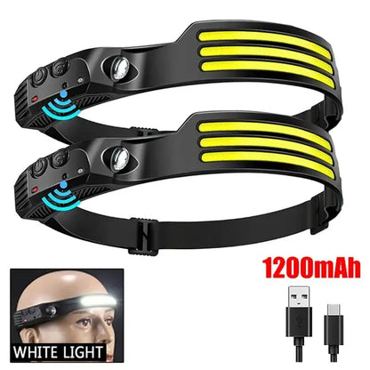 COB LED Headlamp Rechargeable Motion Sensor 230° Wide Beam Torch Light