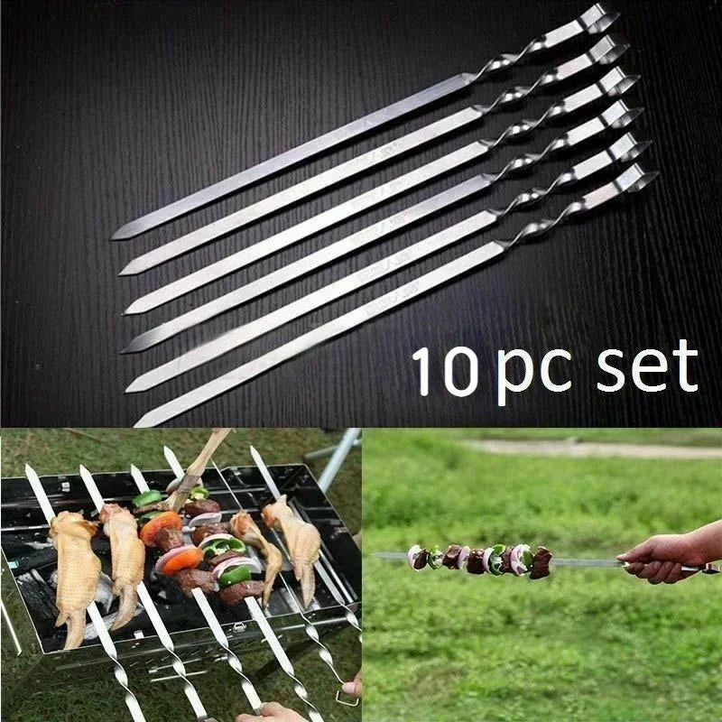 BBQ Skewers Stainless Steel 38cm Flat Kebab Sticks Set of 10 Barbecue