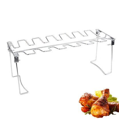 BBQ Chicken Leg Rack 14 Slot Stainless Steel Grill Stand with Drip Pan